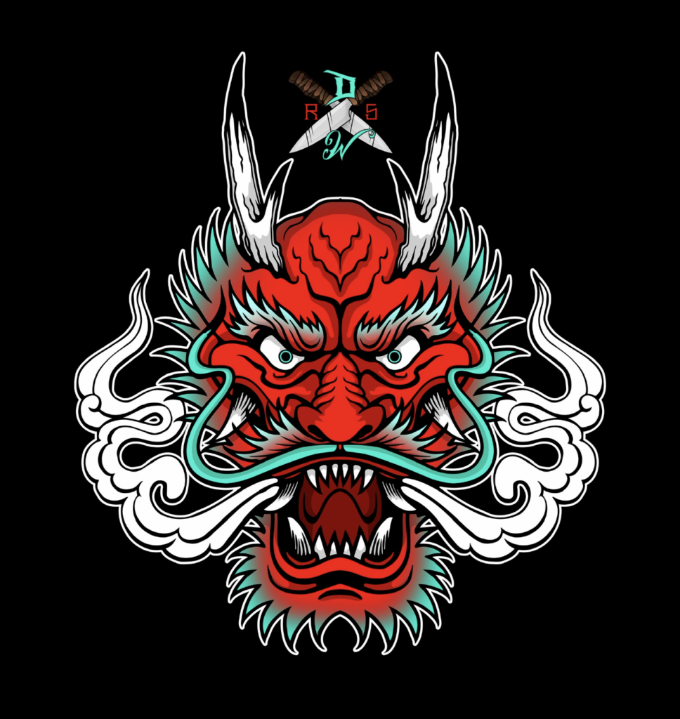 Red Dragon in tattoo style, red, white, and neon aqua.