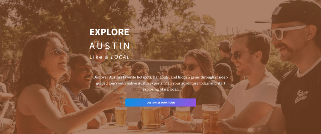 Group of friends enjoying drinks outdoors in Austin, with text promoting local-guided tours to discover the city's best hotspots and hidden gems.