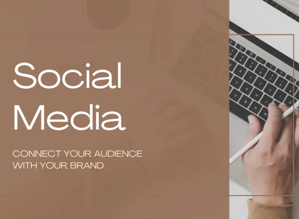 Brand copywriting blog cover that reads "Social Media: Connect Your Audience With Your Brand" in tight white font over dark beige next to an image of a man's hand holding a pen and typing on a laptop keyboard.