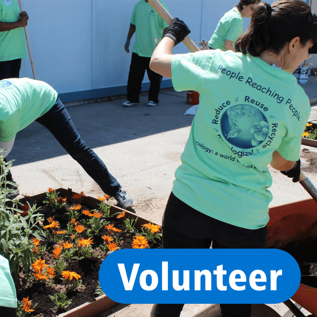 Volunteers work a community garden wearing green t-shirts that read People Reaching People. There is a blue caption tag that reads "Volunteer".