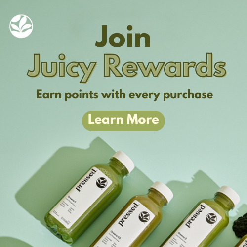 Ad to join Juicy Rewards with green smoothie bottles.