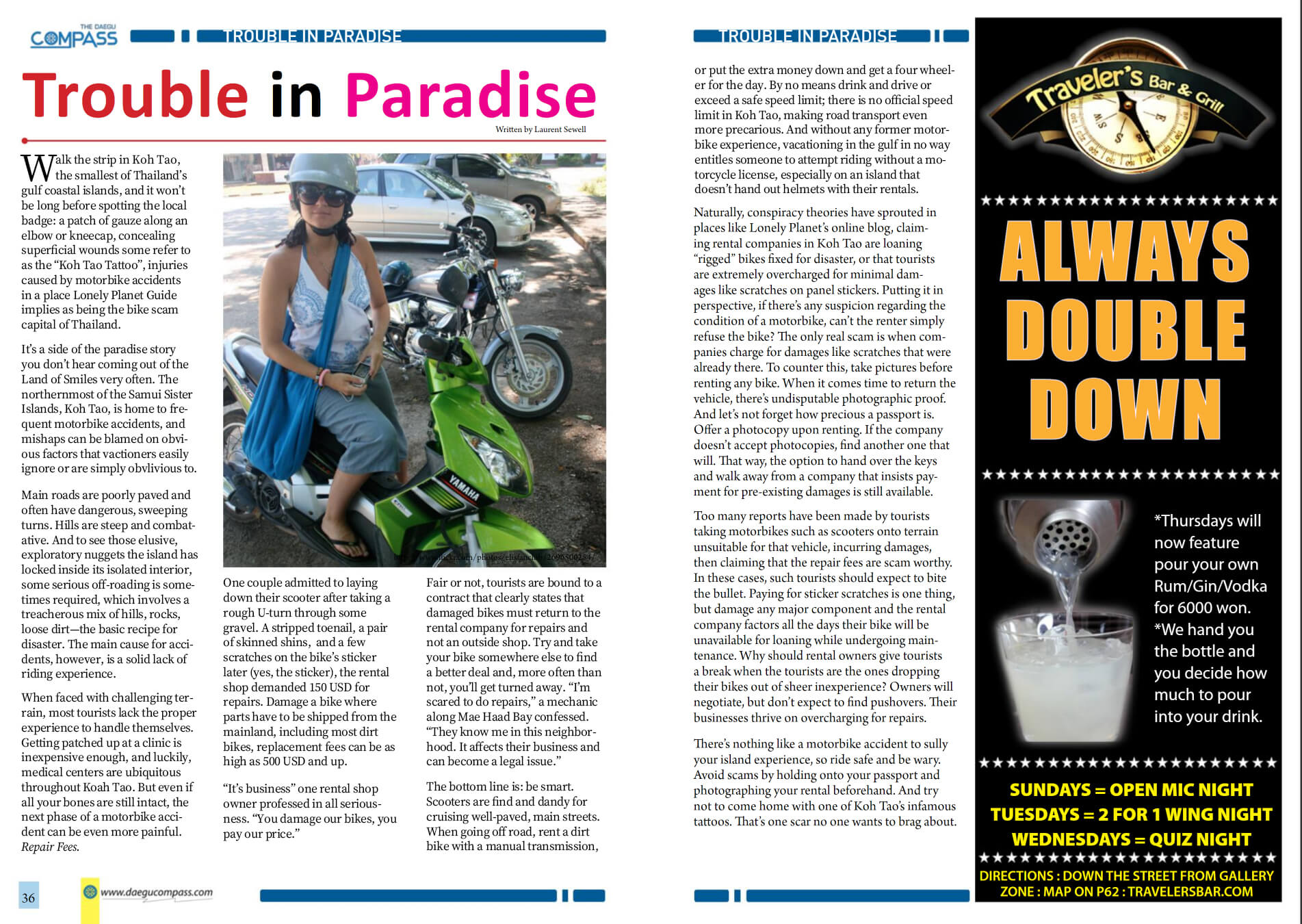 A travel piece article entitled "Trouble in Paradise" where a woman wearing a helmet sits on a green scooter somewhere in Thailand.