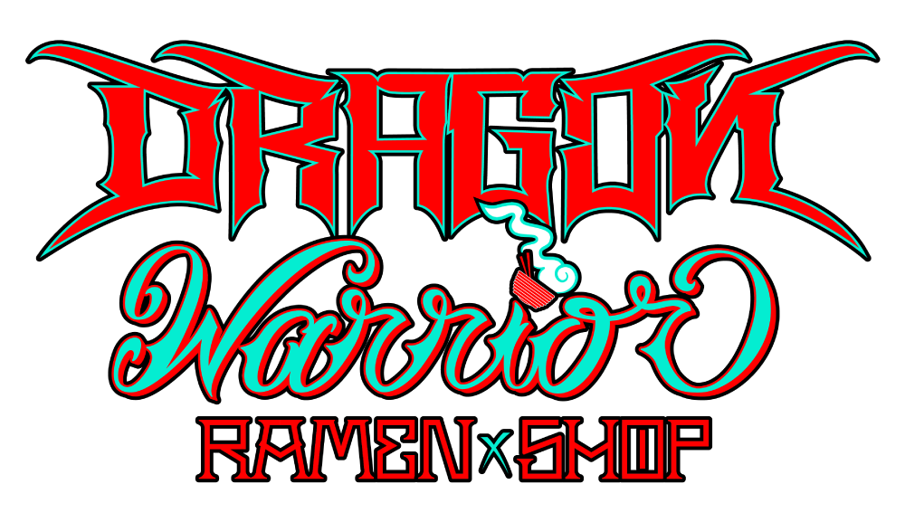 Red and neon aqua logo for Dragon Warrior Ramen Shop in tattoo style fonts.