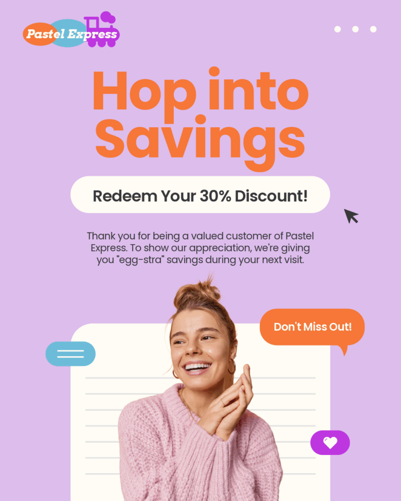 An email campaign from Pastel Express on lavender background reading "Hop Into Savings, Redeem your 30$ Discount!"