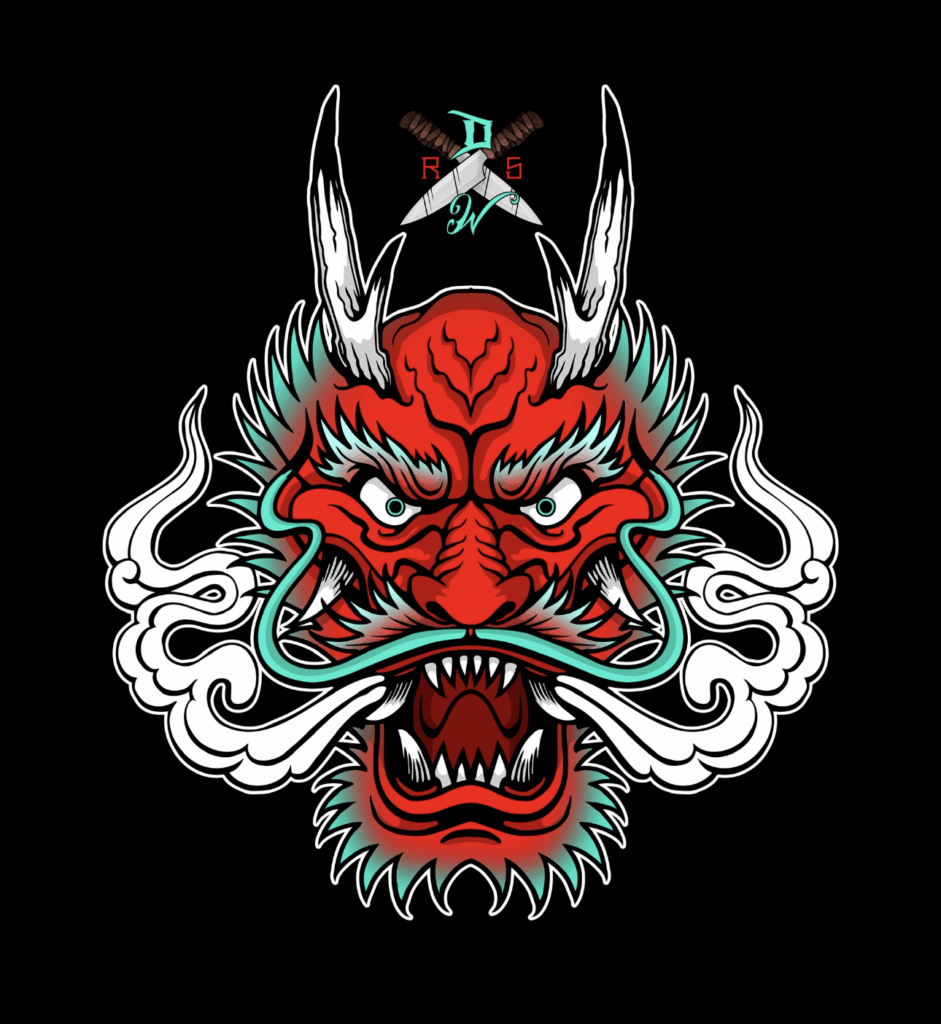 A snarling red demon in Asian style tattoo art with smoke billowing from the nose and curling along neon green dragon mustache, beard, and whiskers.