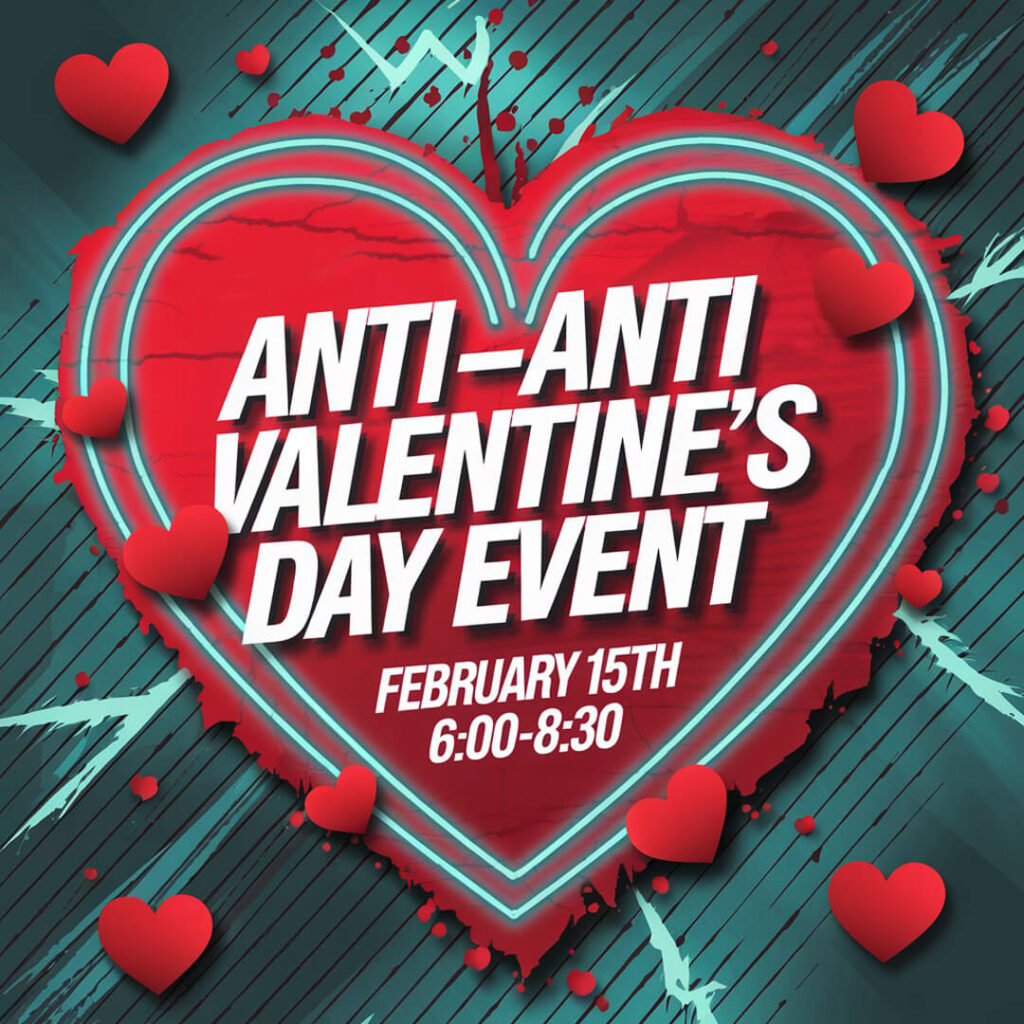 A red heart on a electrical, industrial green background for the "Anti-Anti-Valentine's Day Event".