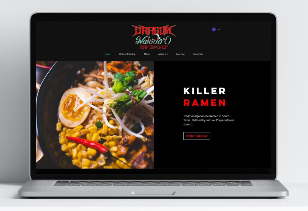 Laptop mockup for Dragon Warrior Ramen Shop's main page, featuring a bowl of ramen with the header Killer Ramen, showcasing distinct brand storytelling.