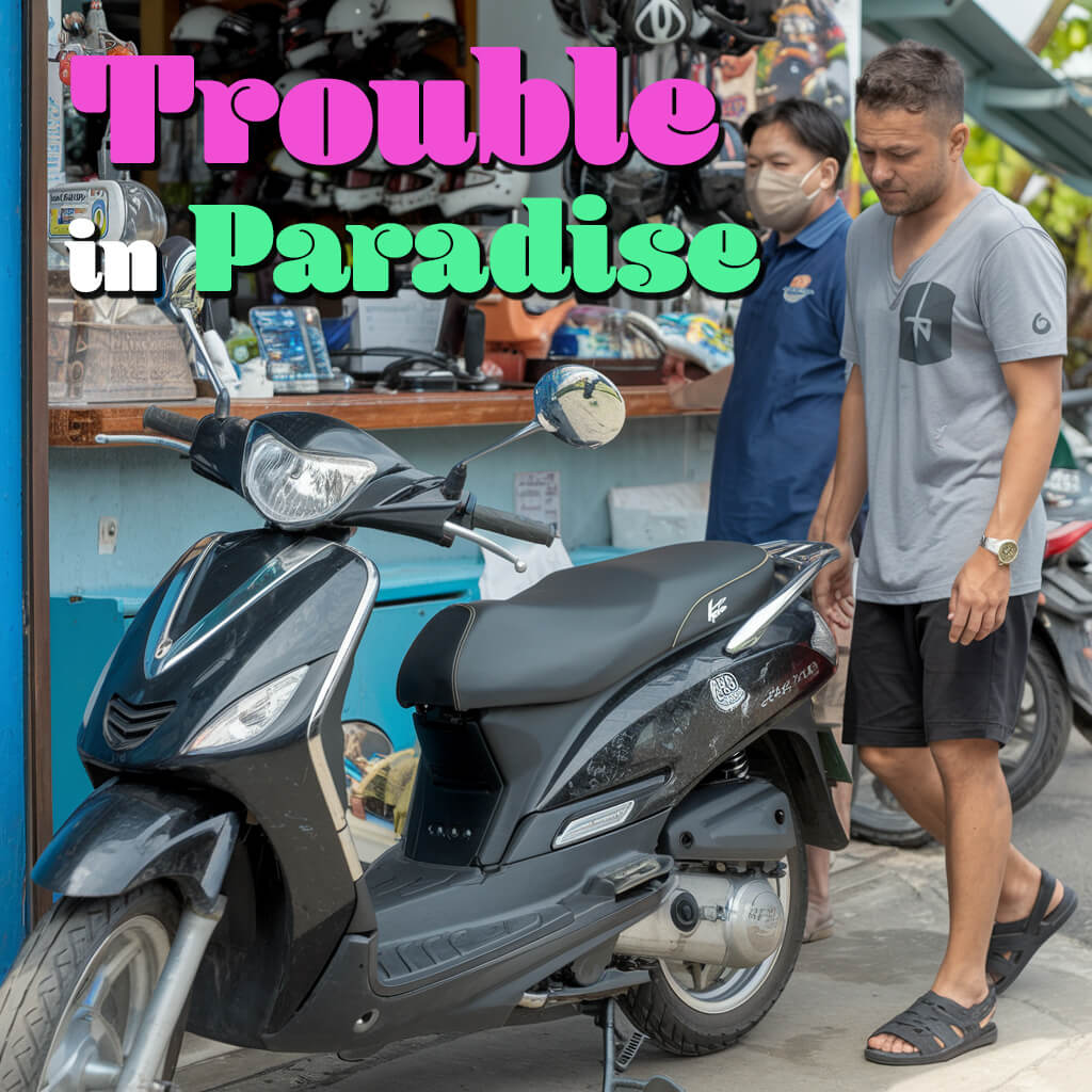 Two men overlook a motorbike disdainfully in Thailand with text that reads "Trouble in Paradise".