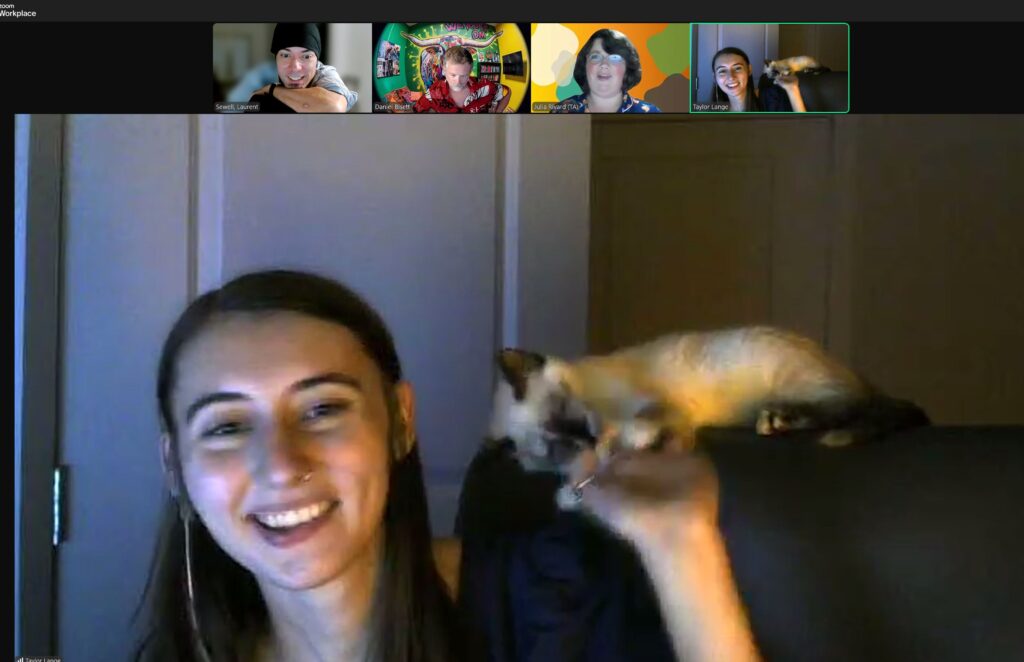 A kitten on top of a young woman's computer chair plays her hand during a zoom with other participants from a boutique marketing agency.