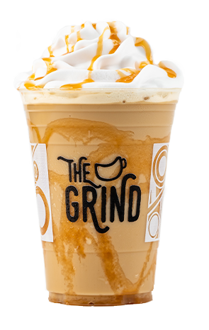 Caramel latte that says "the Grind" promoting eco-friendly disposable cold cups.