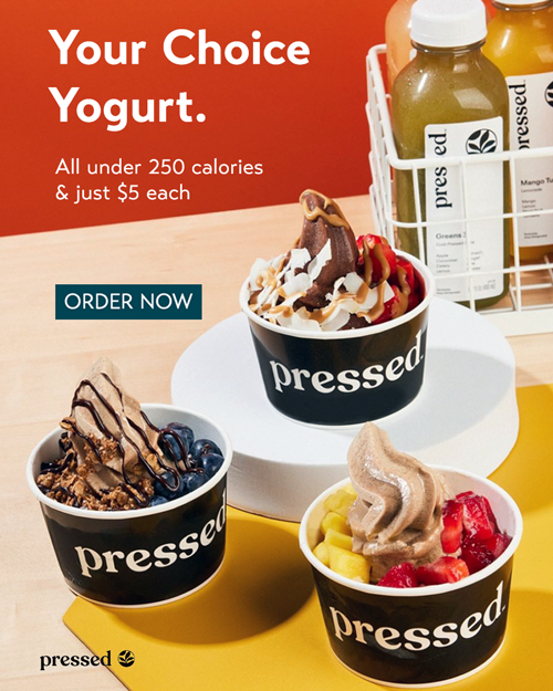 A display ad for "Your Choice Yogurt" on an orange background featuring Pressed yogurt cups and smoothies.