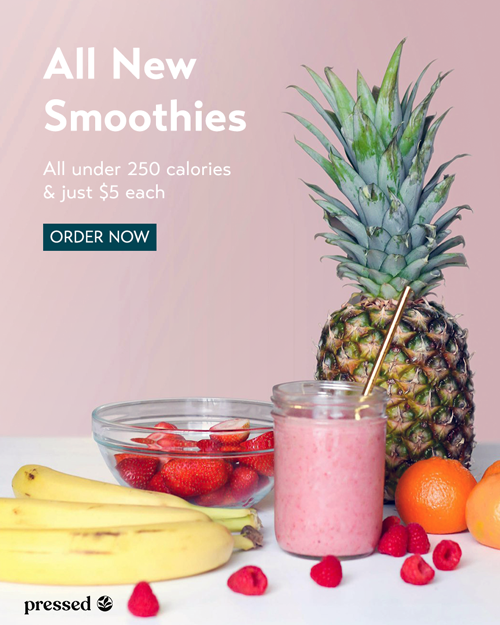 A display ad for new smoothies with assorted fruit including raspberries, a pineapple, and bananas.