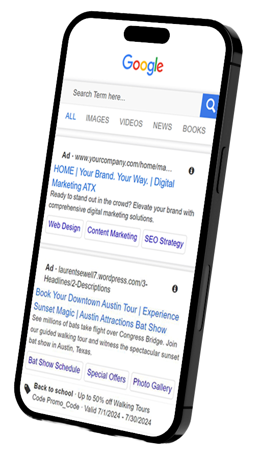 Cell phone mockup for Google PPC advertising "your brand, your way".