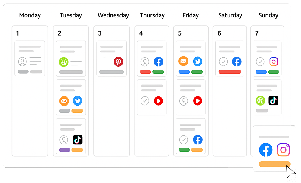 A marketing strategy calendar with social media icons displaying posting schedules for weekly content.