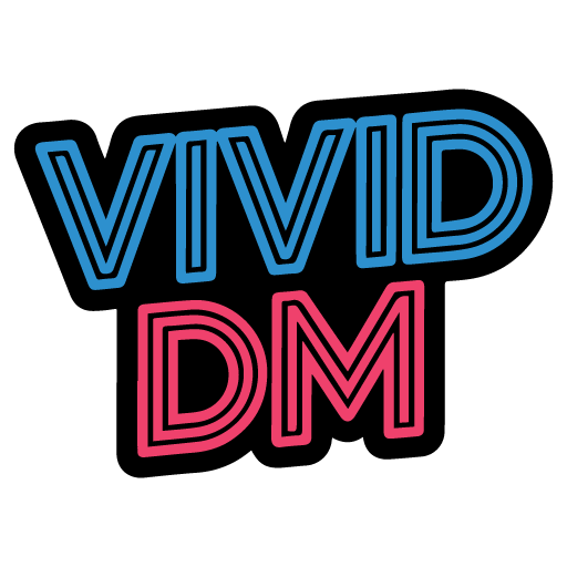A modern, neon-style logo displaying the words "VIVID DM" in bold, outlined text, with "VIVID" in blue and "DM" in pink.