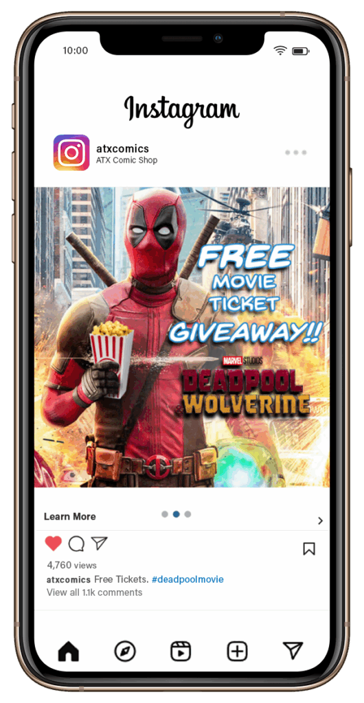 A cellphone mockup of a superhero holding popcorn advertising a free movie ticket giveaway as part of a content marketing strategy.