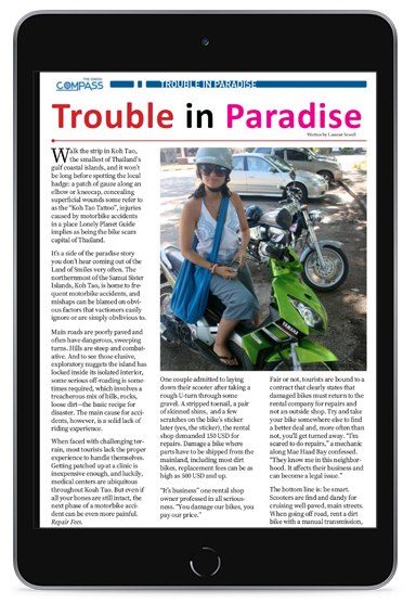 A tablet mockup displaying a blog "Trouble in Paradise" for content marketing strategy.