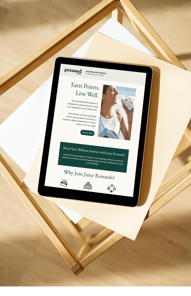 Tablet view of the Juicy Rewards responsive website showing the loyalty program landing page with headline text, lifestyle imagery, and wellness rewards content.